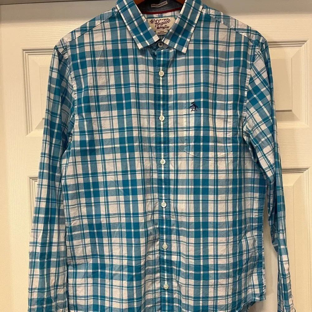 Penguin Heritage Slim Blue Summer Plaid Button Down Shirt sz L